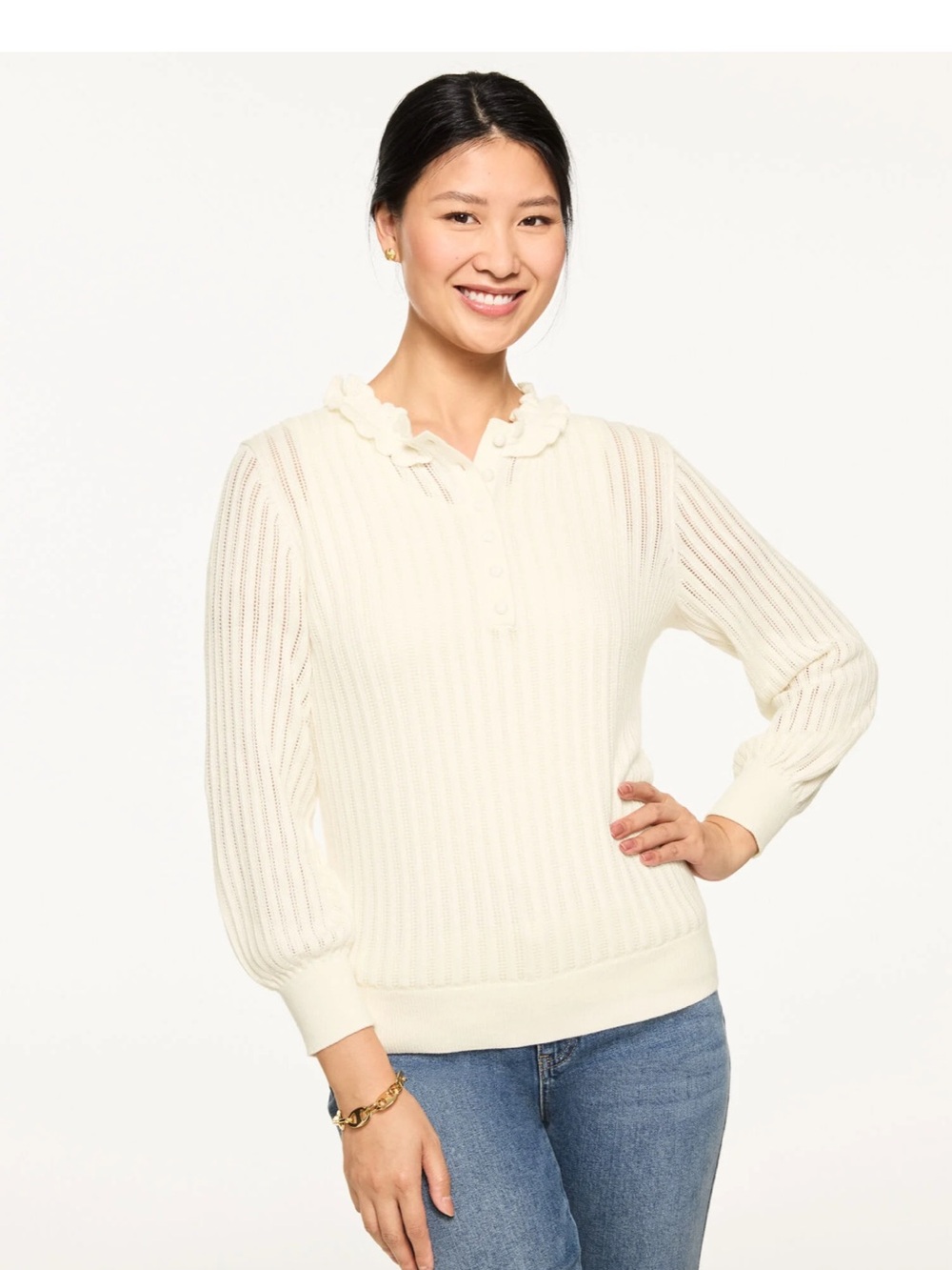 NWT Talbots Cream Ruffle Neck Henley Pullover Sz XLp